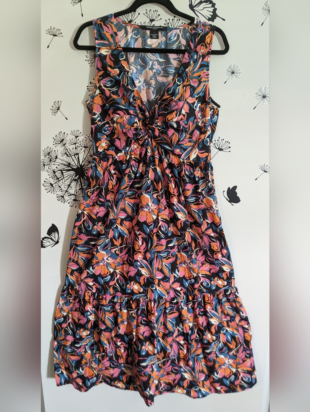 French Connection Black Floral Knot-Front Midi Dress